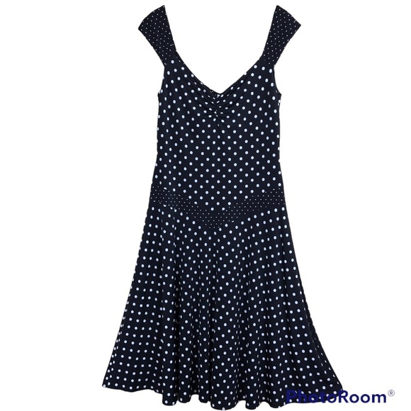 SEARLE Polka Dot Print Off Shoulders Midi Length Dress Sz 10 - Picture 5 of 8